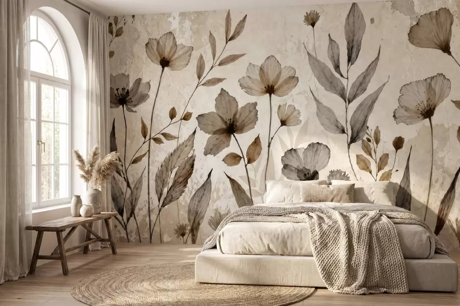 murais de parede Delicadas flores silvestres pintadas em aquarela, numa suave paleta de tons bege e creme w09875