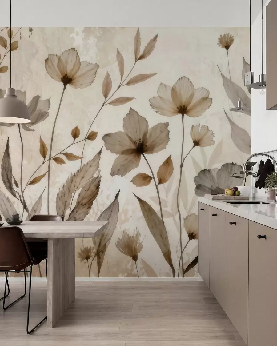 murais de parede Delicadas flores silvestres pintadas em aquarela, numa suave paleta de tons bege e creme w09875