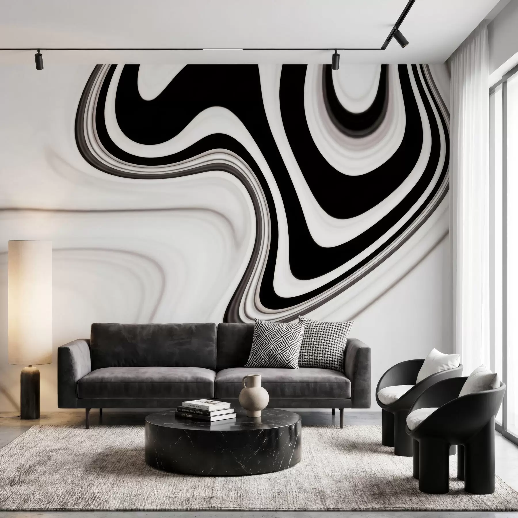 murais de parede Mural abstrato com ondas fluidas em preto e branco, em um estilo minimalista moderno w09877