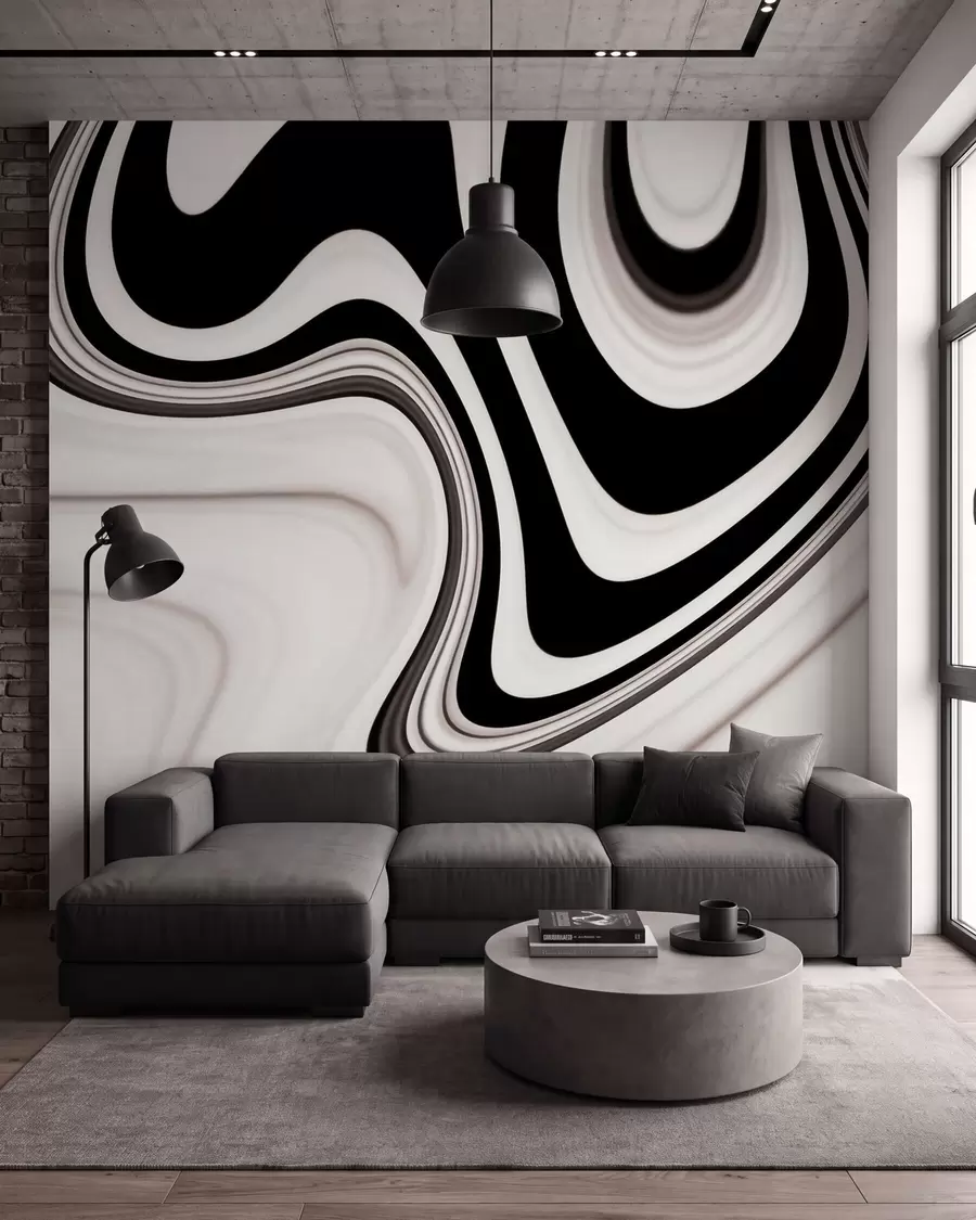murais de parede Mural abstrato com ondas fluidas em preto e branco, em um estilo minimalista moderno w09877