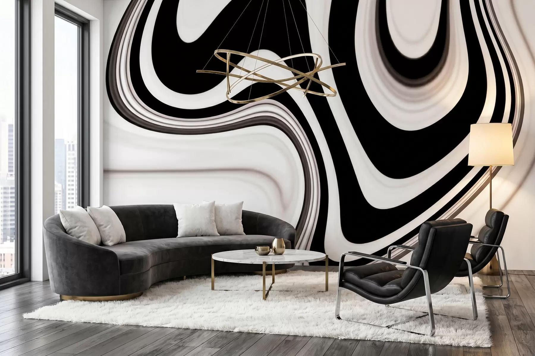 murais de parede Mural abstrato com ondas fluidas em preto e branco, em um estilo minimalista moderno w09877