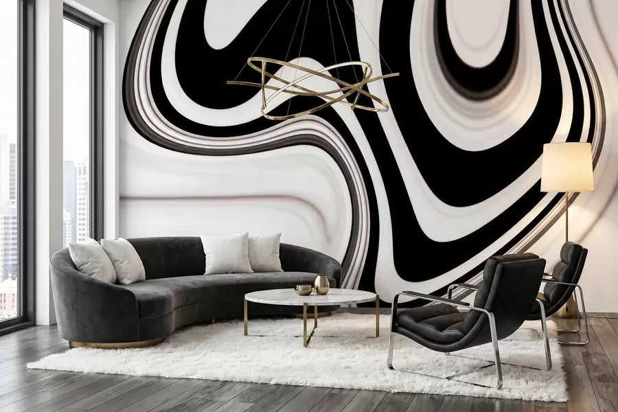 murais de parede Mural abstrato com ondas fluidas em preto e branco, em um estilo minimalista moderno w09877