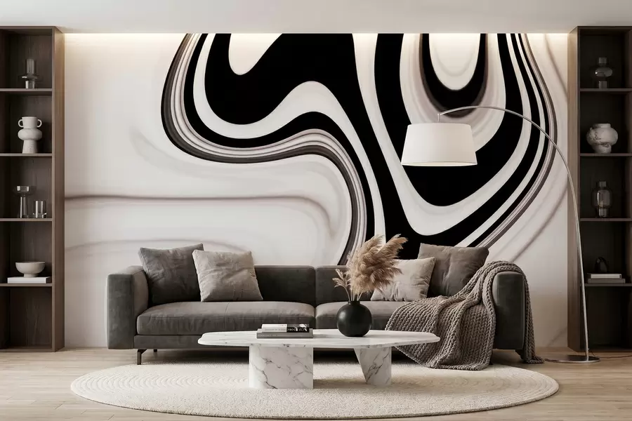 murais de parede Mural abstrato com ondas fluidas em preto e branco, em um estilo minimalista moderno w09877