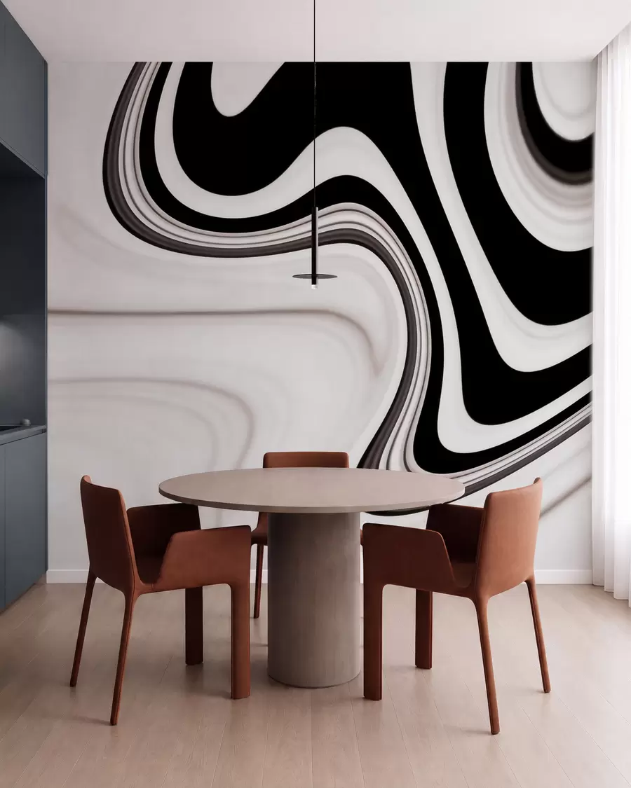 murais de parede Mural abstrato com ondas fluidas em preto e branco, em um estilo minimalista moderno w09877