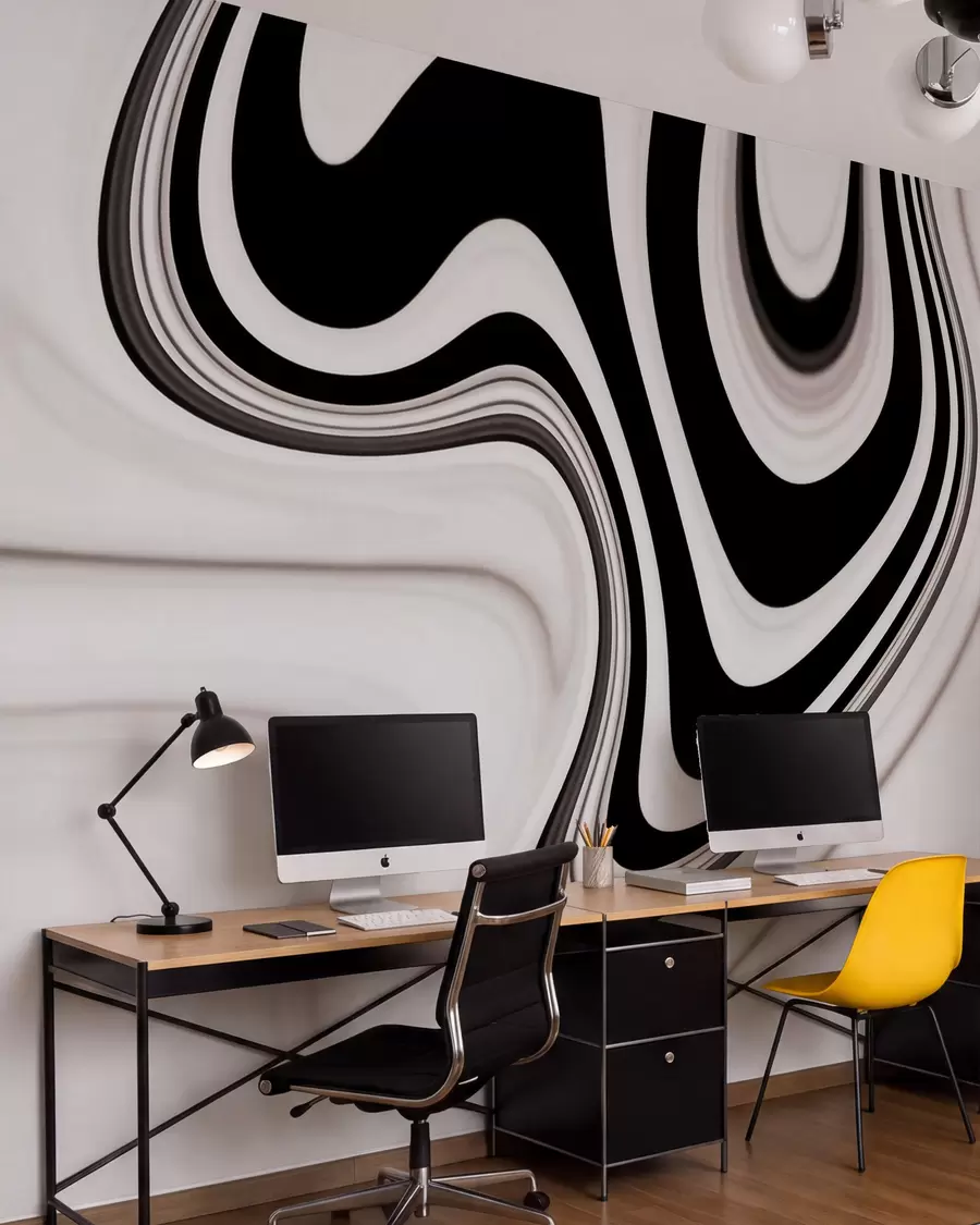 murais de parede Mural abstrato com ondas fluidas em preto e branco, em um estilo minimalista moderno w09877