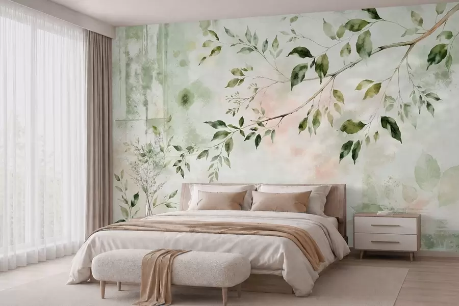 murais de parede Galho com folhas em aquarela sobre um fundo claro w05688