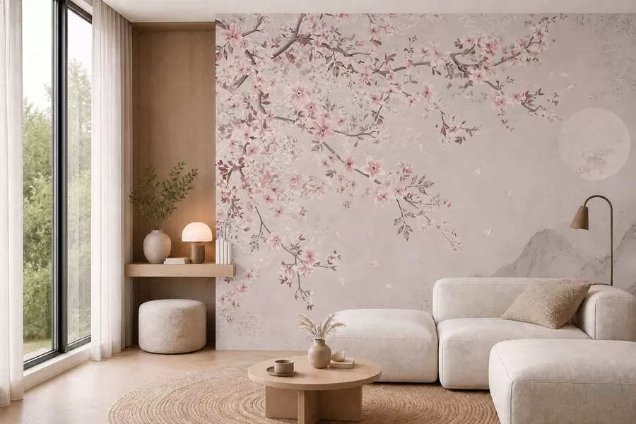 murais de parede Flores cor-de-rosa num galho sobre uma paisagem montanhosa serena w05695v1