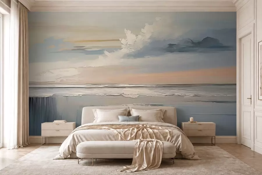 murais de parede Praia em tons pastéis com nuvens e reflexo na água w05687