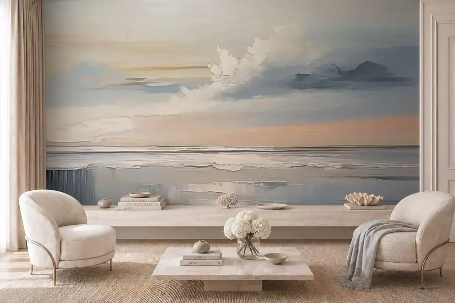 murais de parede Praia em tons pastéis com nuvens e reflexo na água w05687