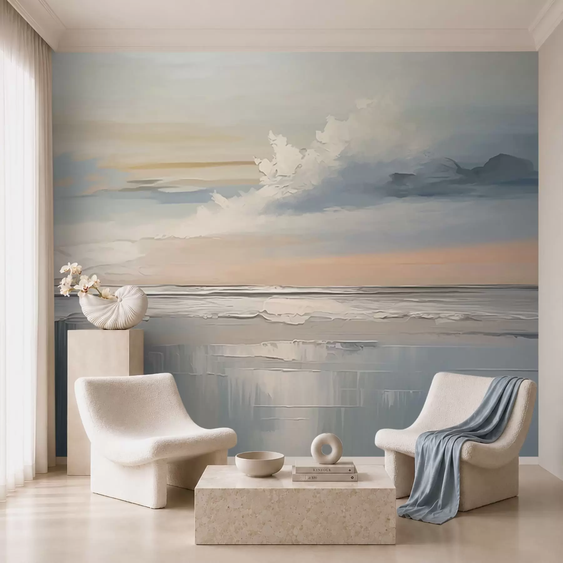 murais de parede Praia em tons pastéis com nuvens e reflexo na água w05687