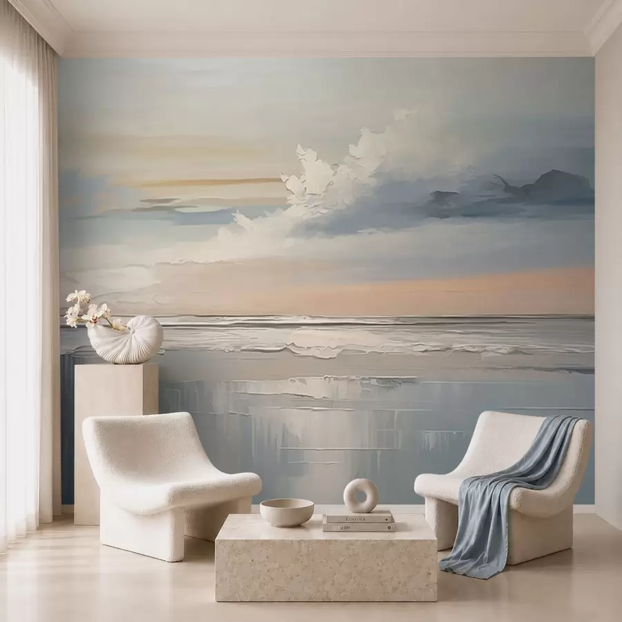 murais de parede Praia em tons pastéis com nuvens e reflexo na água w05687