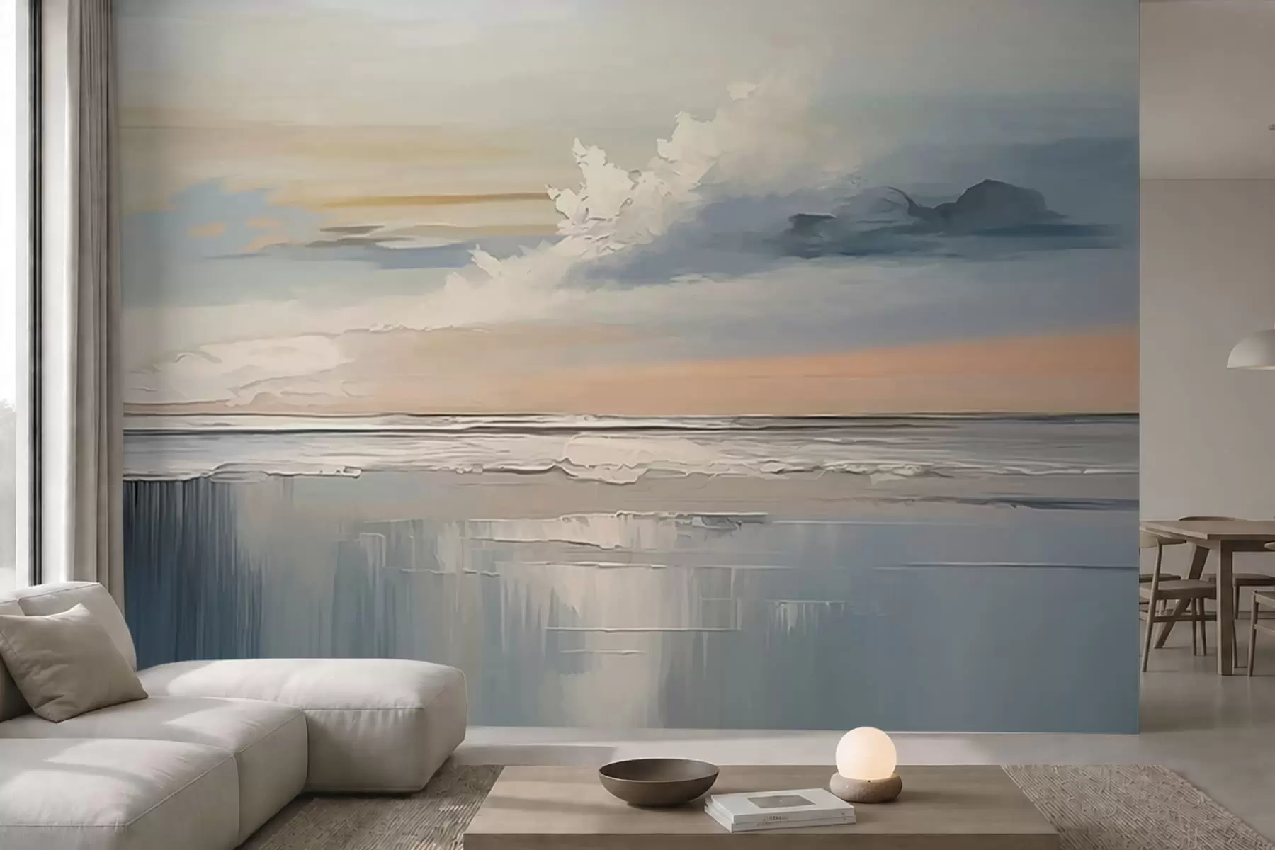 murais de parede Praia em tons pastéis com nuvens e reflexo na água w05687