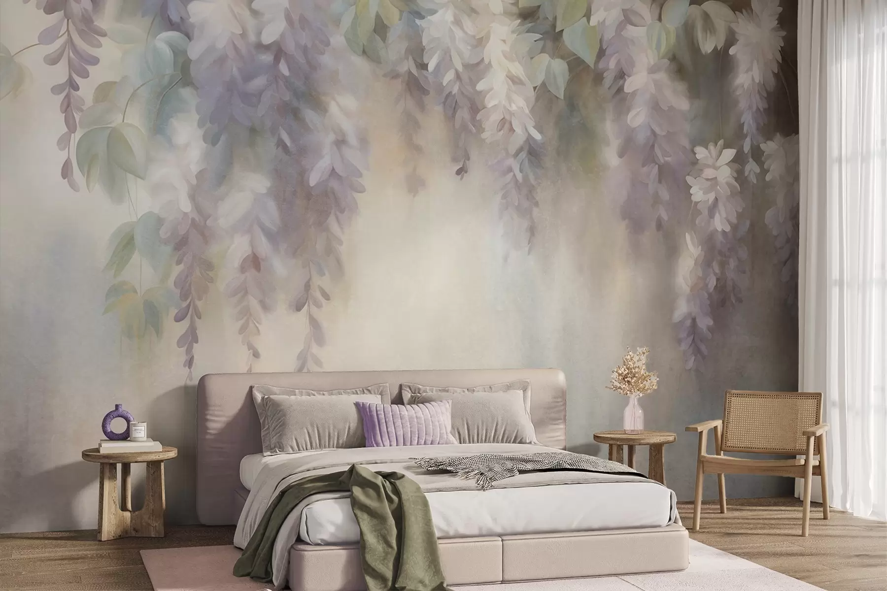 murais de parede Flores de glicínia em tons de roxo claro, com textura, penduradas entre folhas verdes, sobre um fundo em tons pastéis w09896