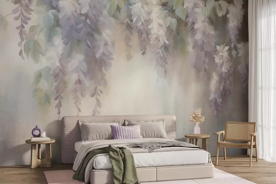 murais de parede Flores de glicínia em tons de roxo claro, com textura, penduradas entre folhas verdes, sobre um fundo em tons pastéis w09896