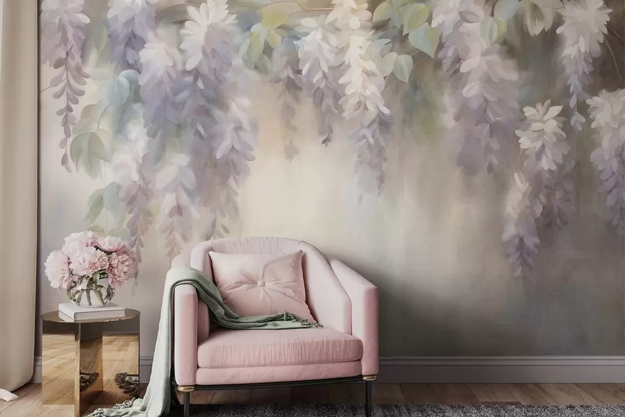 murais de parede Flores de glicínia em tons de roxo claro, com textura, penduradas entre folhas verdes, sobre um fundo em tons pastéis w09896