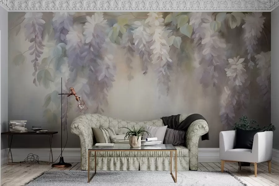 murais de parede Flores de glicínia em tons de roxo claro, com textura, penduradas entre folhas verdes, sobre um fundo em tons pastéis w09896