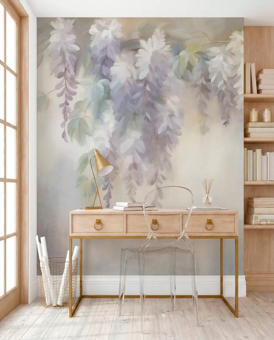 murais de parede Flores de glicínia em tons de roxo claro, com textura, penduradas entre folhas verdes, sobre um fundo em tons pastéis w09896