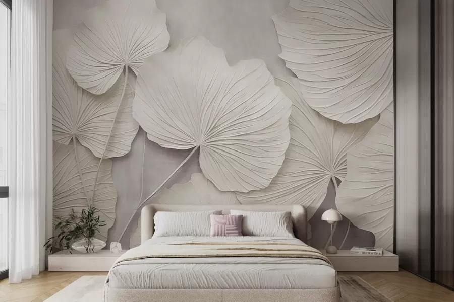 murais de parede Folhas grandes e texturizadas contra um fundo suave e discreto; arte moderna minimalista w09897