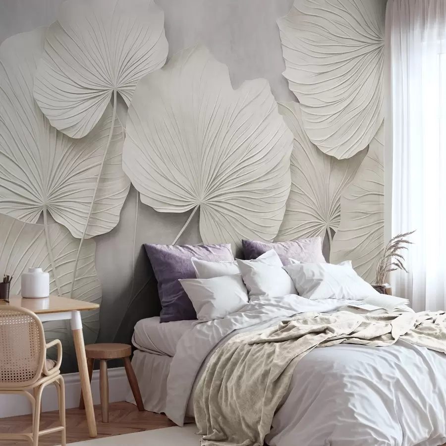 murais de parede Folhas grandes e texturizadas contra um fundo suave e discreto; arte moderna minimalista w09897
