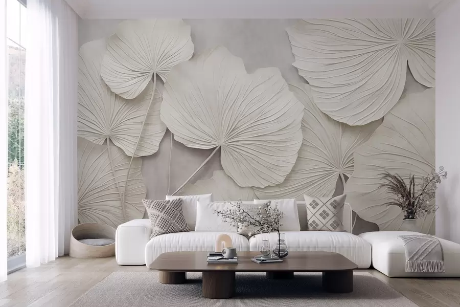 murais de parede Folhas grandes e texturizadas contra um fundo suave e discreto; arte moderna minimalista w09897