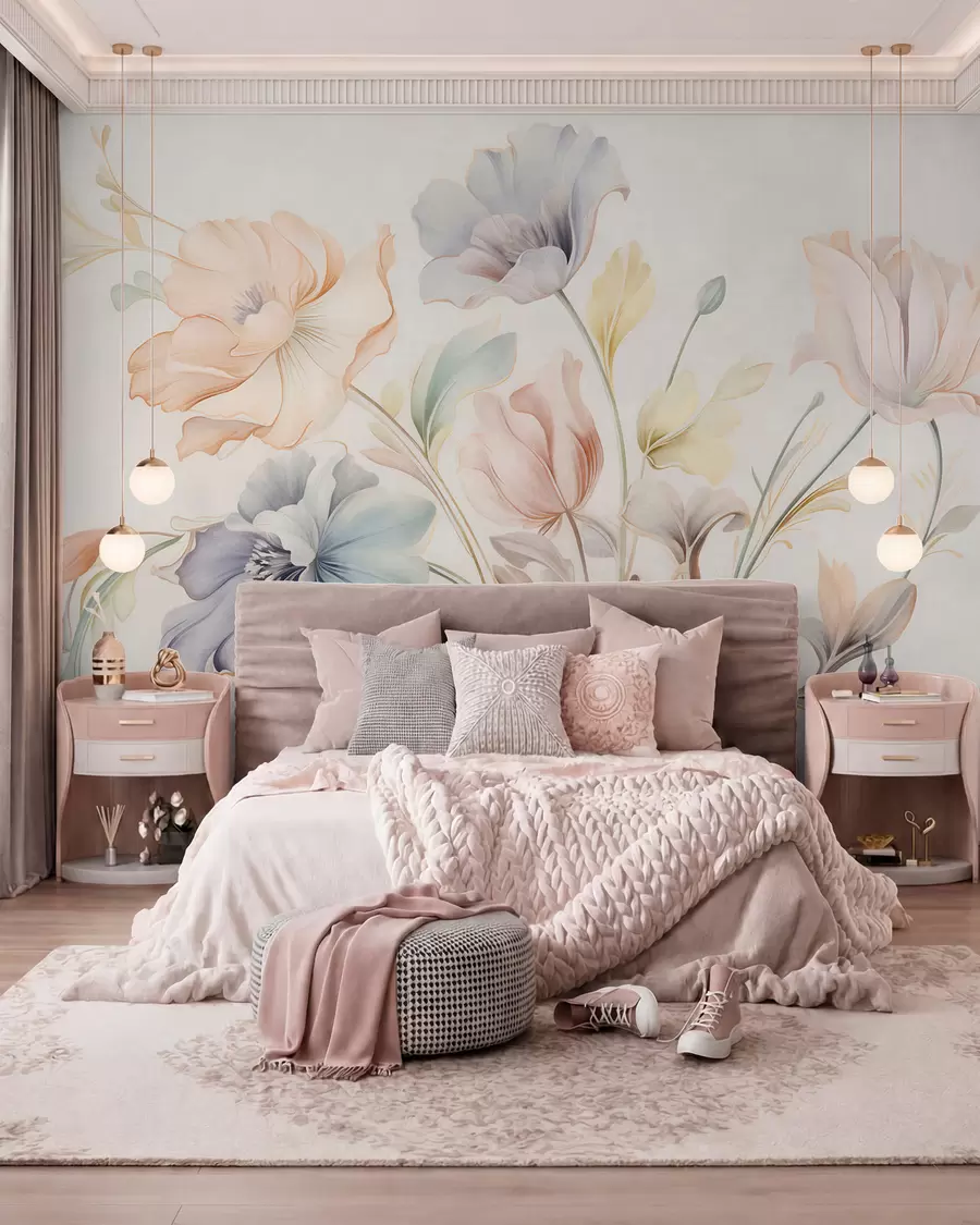 murais de parede Flores delicadas em tons pastéis de rosa, azul e amarelo, com folhas verdes, sobre um fundo claro w09898