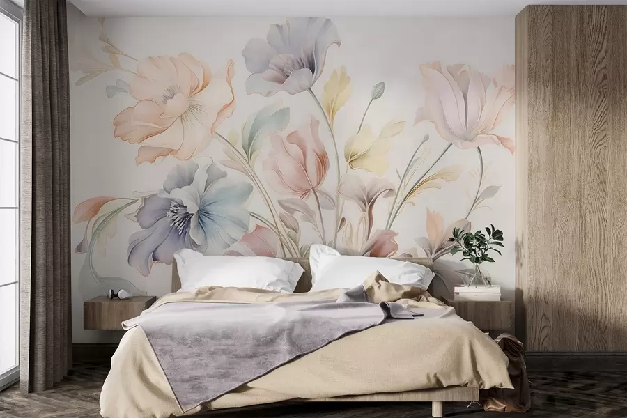murais de parede Flores delicadas em tons pastéis de rosa, azul e amarelo, com folhas verdes, sobre um fundo claro w09898