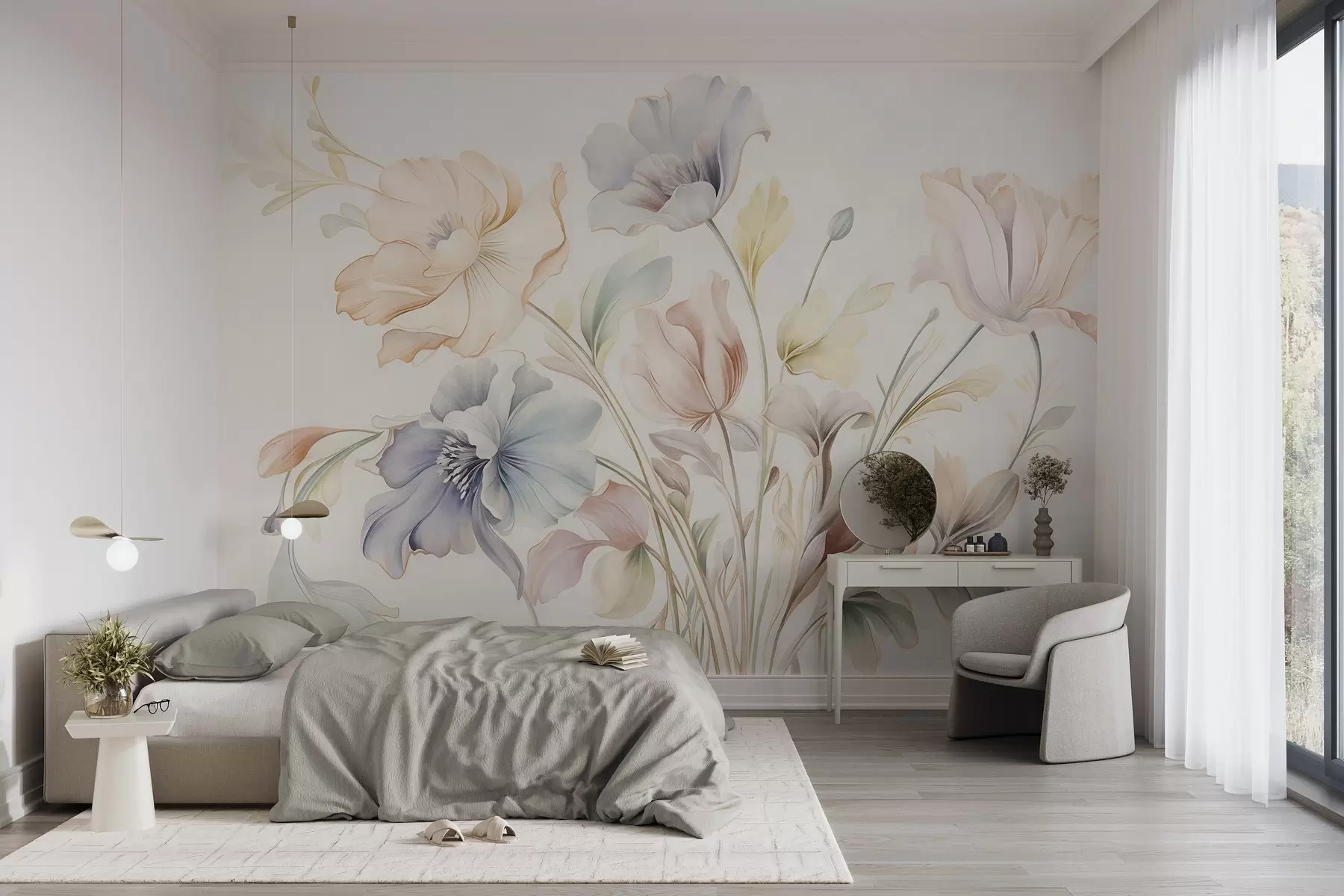 murais de parede Flores delicadas em tons pastéis de rosa, azul e amarelo, com folhas verdes, sobre um fundo claro w09898
