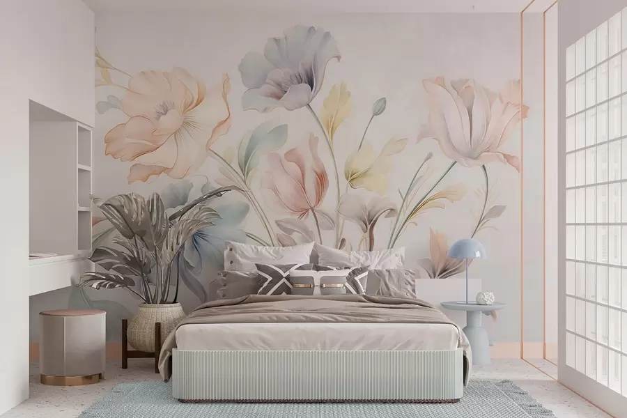 murais de parede Flores delicadas em tons pastéis de rosa, azul e amarelo, com folhas verdes, sobre um fundo claro w09898