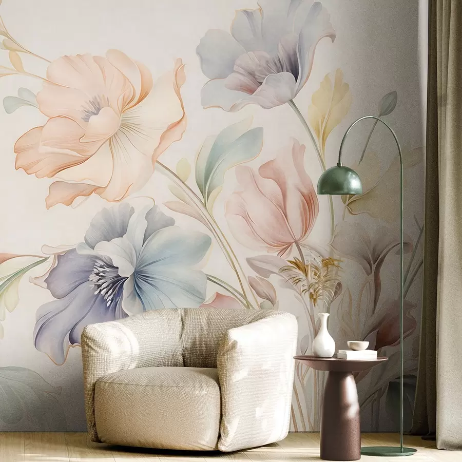 murais de parede Flores delicadas em tons pastéis de rosa, azul e amarelo, com folhas verdes, sobre um fundo claro w09898
