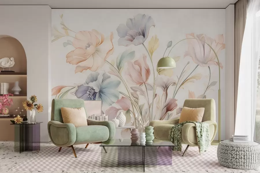 murais de parede Flores delicadas em tons pastéis de rosa, azul e amarelo, com folhas verdes, sobre um fundo claro w09898