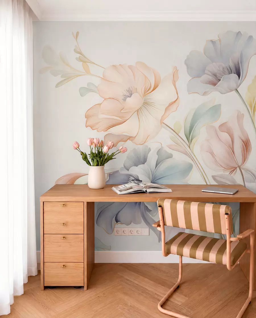 murais de parede Flores delicadas em tons pastéis de rosa, azul e amarelo, com folhas verdes, sobre um fundo claro w09898