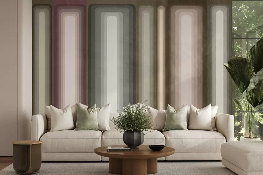 murais de parede Retângulos verticais arredondados, com textura e estilo abstrato, em tons suaves de marrom, bege e rosa claro w09905