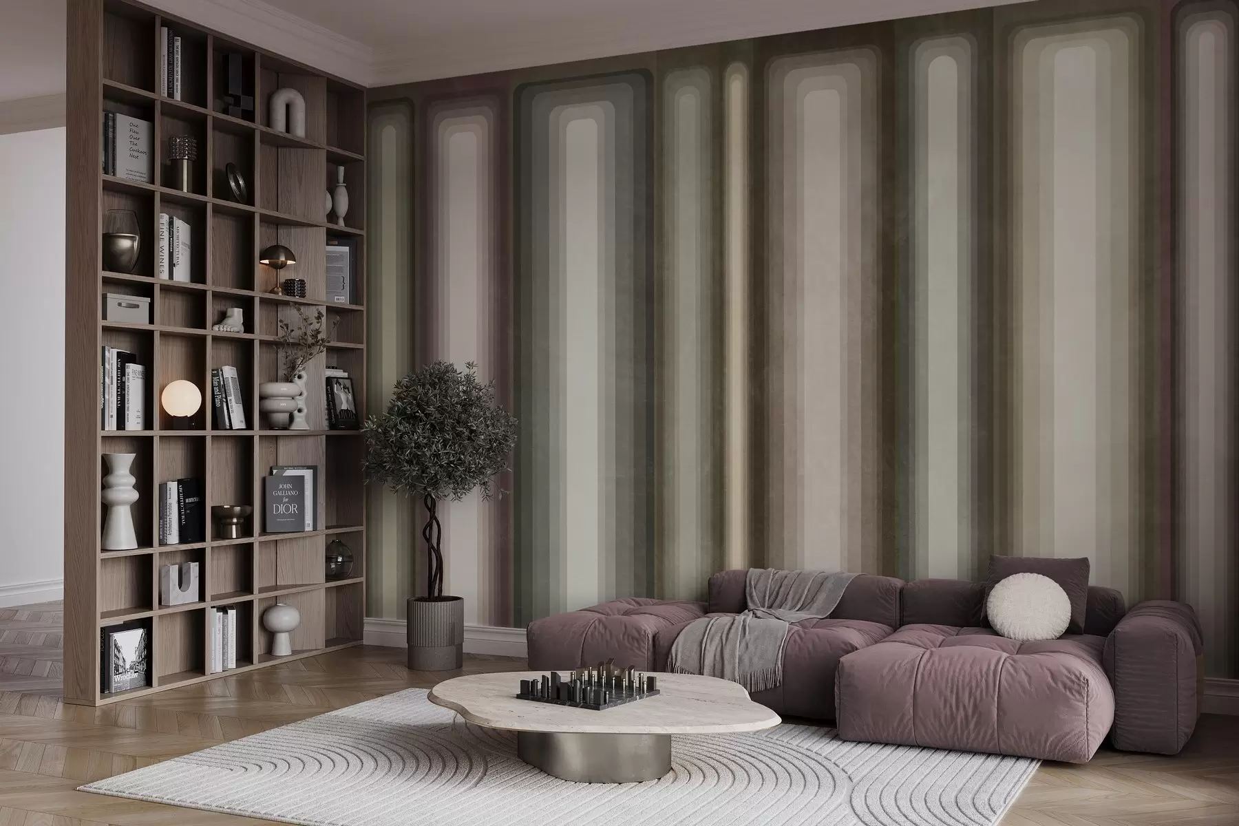 murais de parede Retângulos verticais arredondados, com textura e estilo abstrato, em tons suaves de marrom, bege e rosa claro w09905
