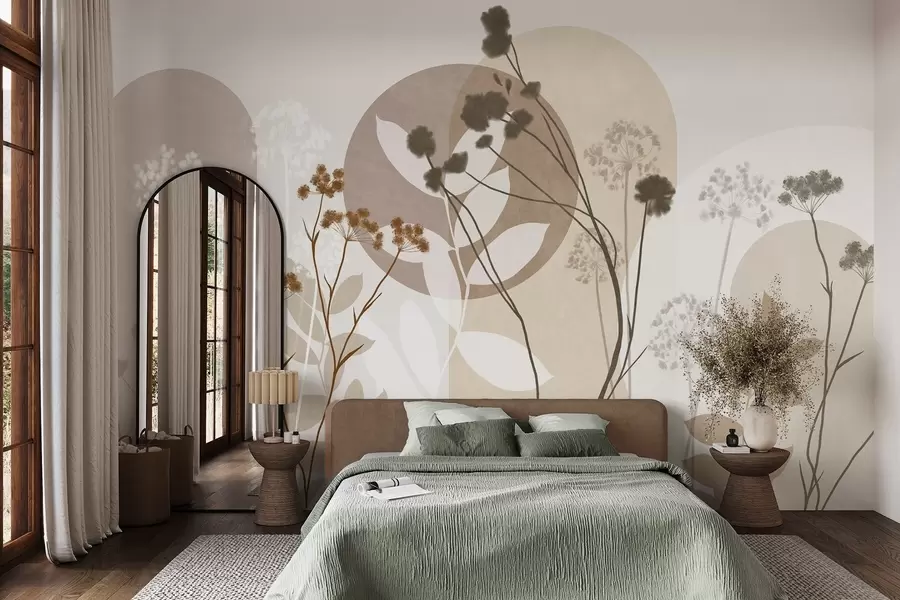 murais de parede Composição botânica e minimalista de flores e folhas secas com elementos geométricos abstratos w09906