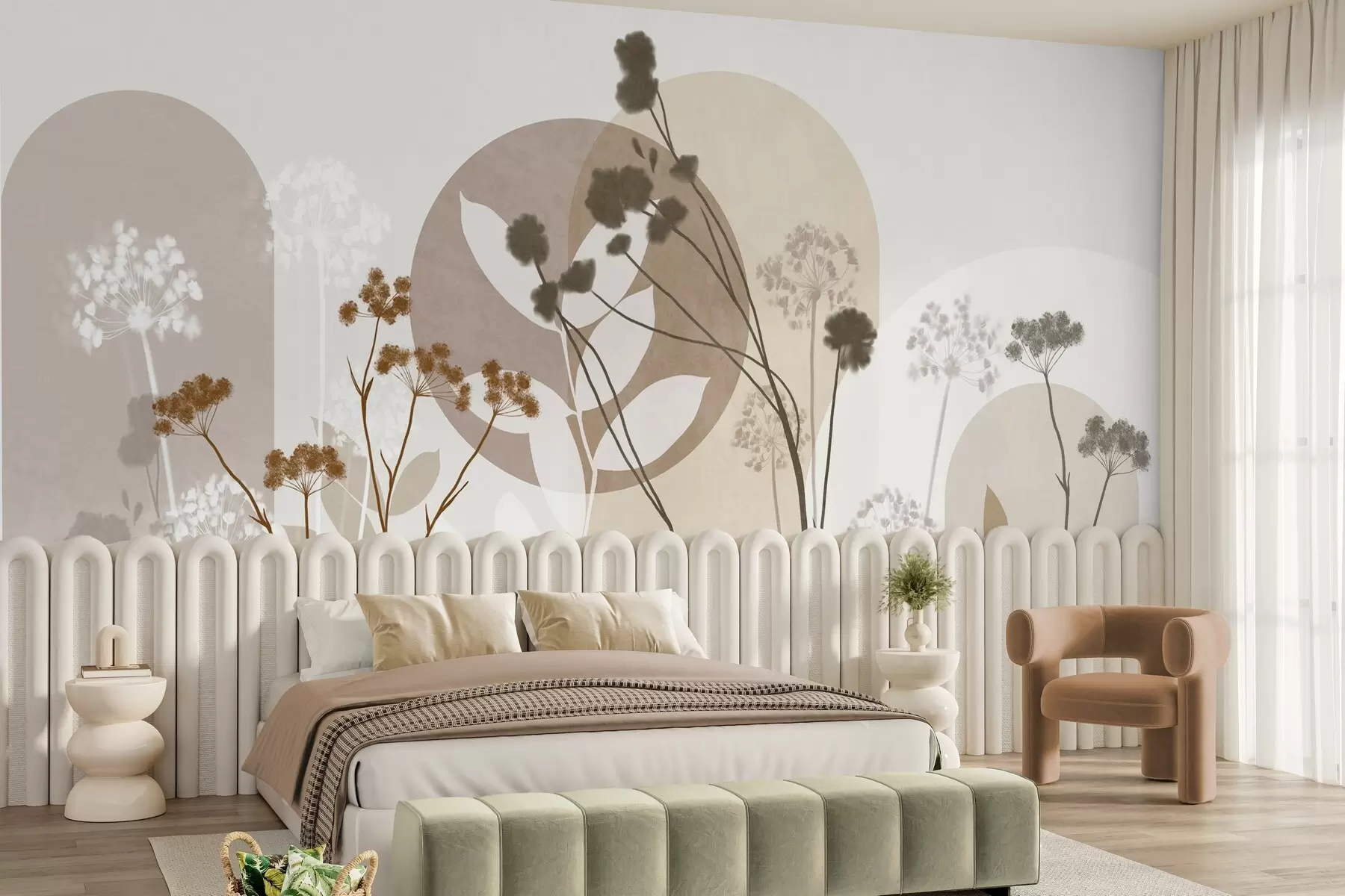 murais de parede Composição botânica e minimalista de flores e folhas secas com elementos geométricos abstratos w09906
