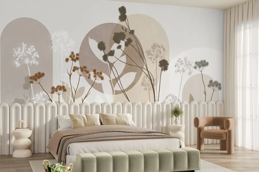 murais de parede Composição botânica e minimalista de flores e folhas secas com elementos geométricos abstratos w09906