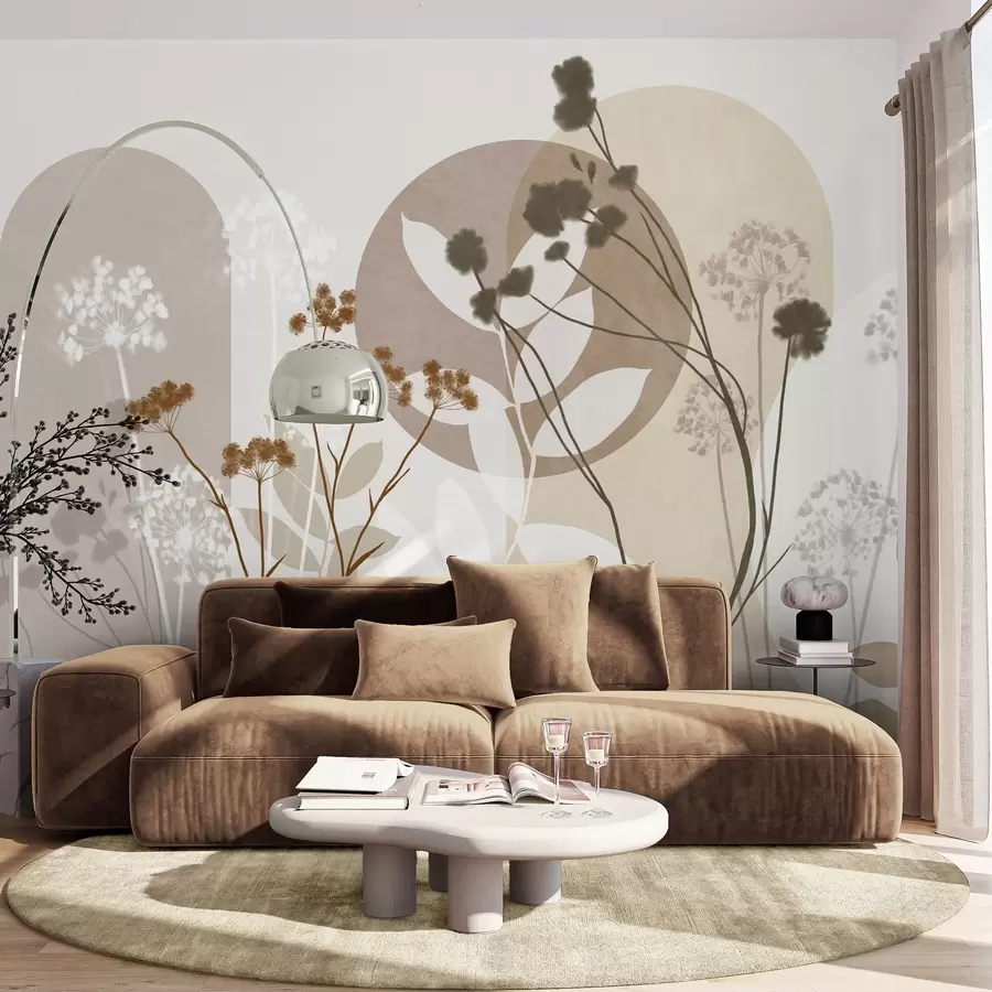 murais de parede Composição botânica e minimalista de flores e folhas secas com elementos geométricos abstratos w09906