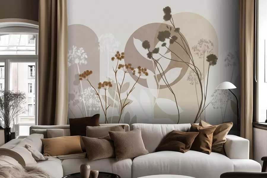 murais de parede Composição botânica e minimalista de flores e folhas secas com elementos geométricos abstratos w09906