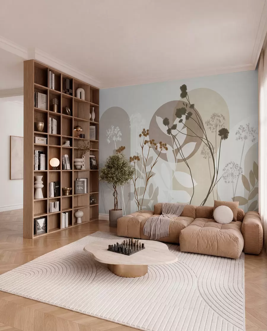 murais de parede Composição botânica e minimalista de flores e folhas secas com elementos geométricos abstratos w09906