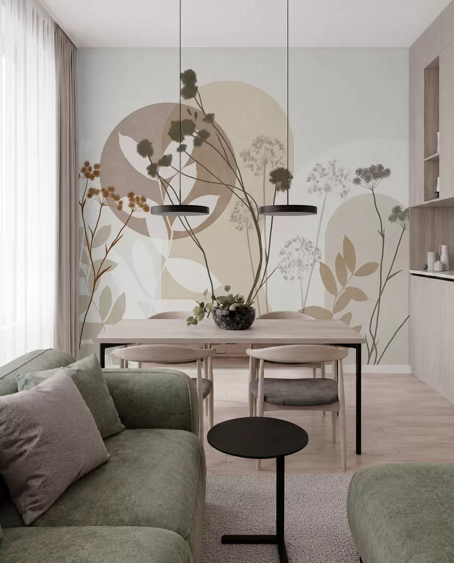 murais de parede Composição botânica e minimalista de flores e folhas secas com elementos geométricos abstratos w09906