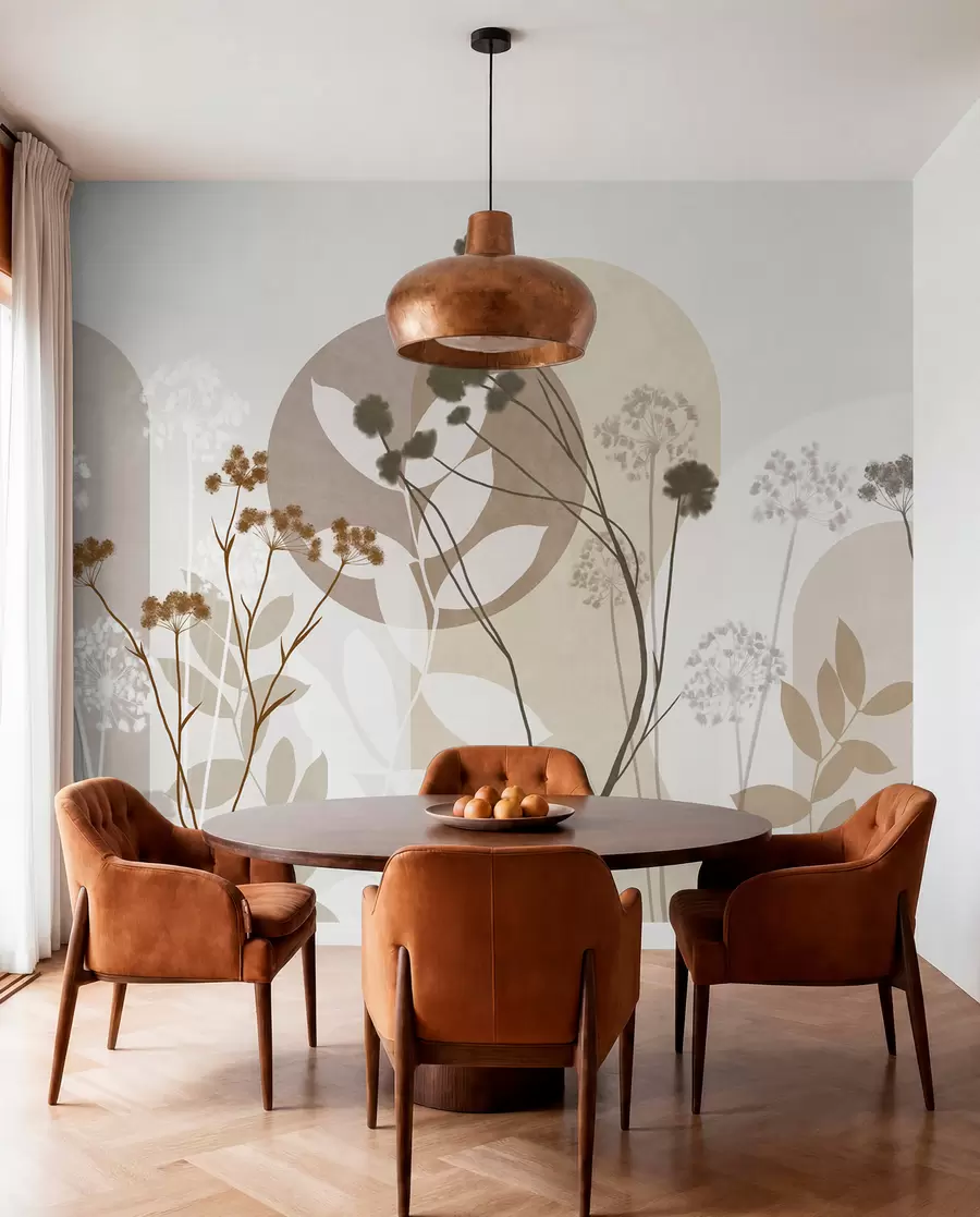 murais de parede Composição botânica e minimalista de flores e folhas secas com elementos geométricos abstratos w09906