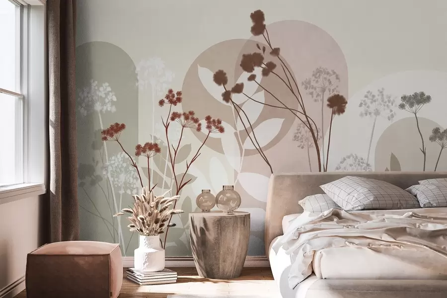 murais de parede Composição botânica e minimalista de flores e folhas secas com elementos geométricos abstratos w09906v1