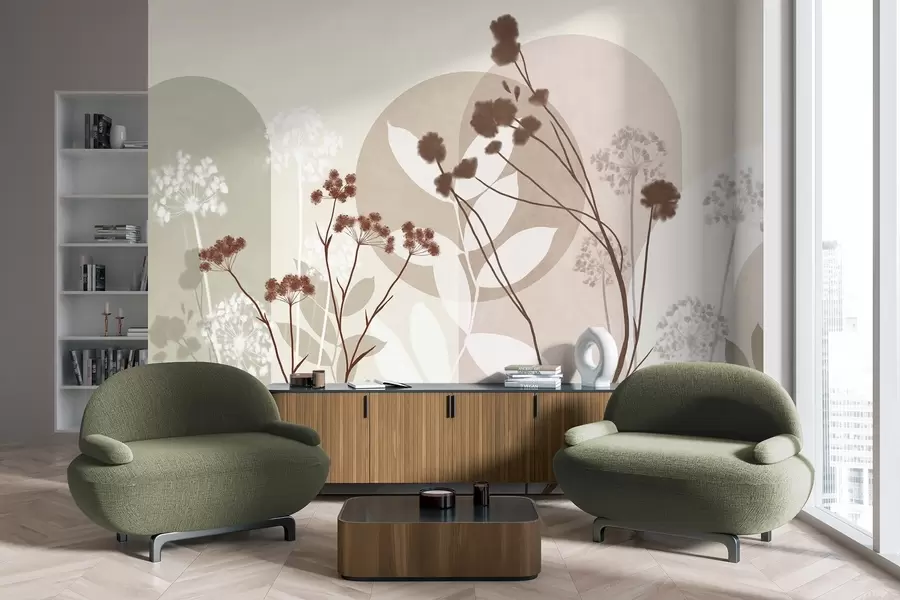 murais de parede Composição botânica e minimalista de flores e folhas secas com elementos geométricos abstratos w09906v1