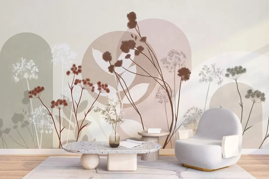 murais de parede Composição botânica e minimalista de flores e folhas secas com elementos geométricos abstratos w09906v1