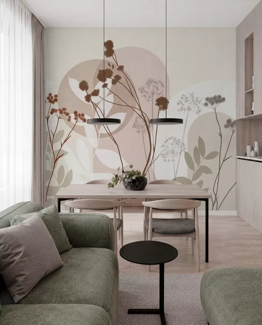 murais de parede Composição botânica e minimalista de flores e folhas secas com elementos geométricos abstratos w09906v1