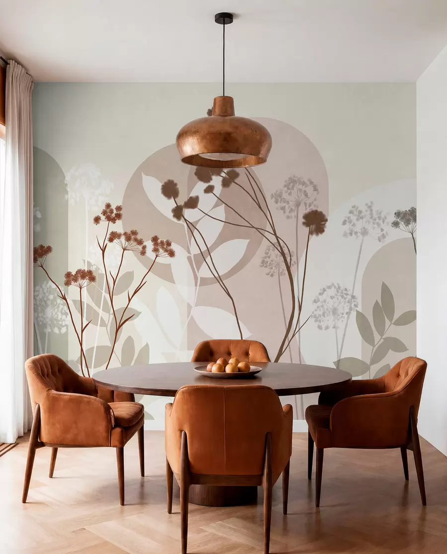 murais de parede Composição botânica e minimalista de flores e folhas secas com elementos geométricos abstratos w09906v1