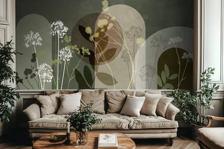 murais de parede Composição botânica e minimalista de flores e folhas secas com elementos geométricos abstratos w09906v2