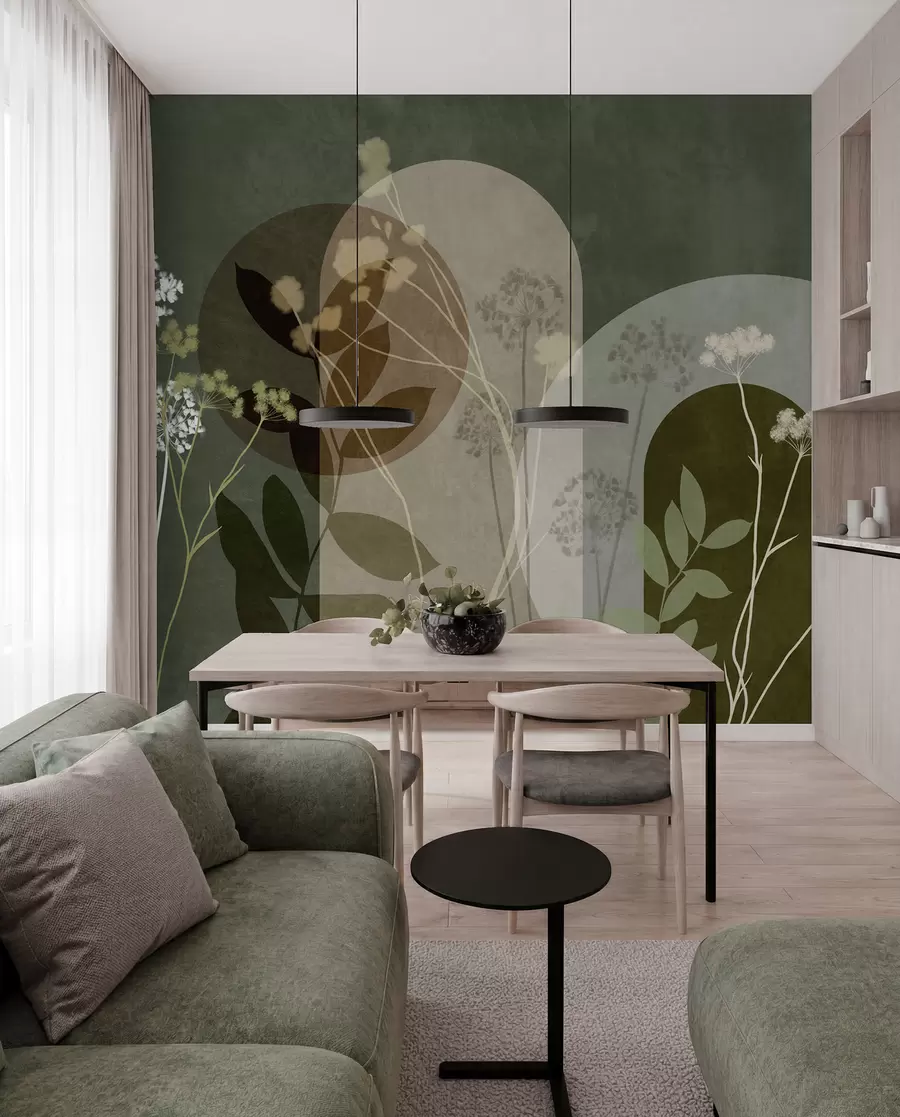 murais de parede Composição botânica e minimalista de flores e folhas secas com elementos geométricos abstratos w09906v2