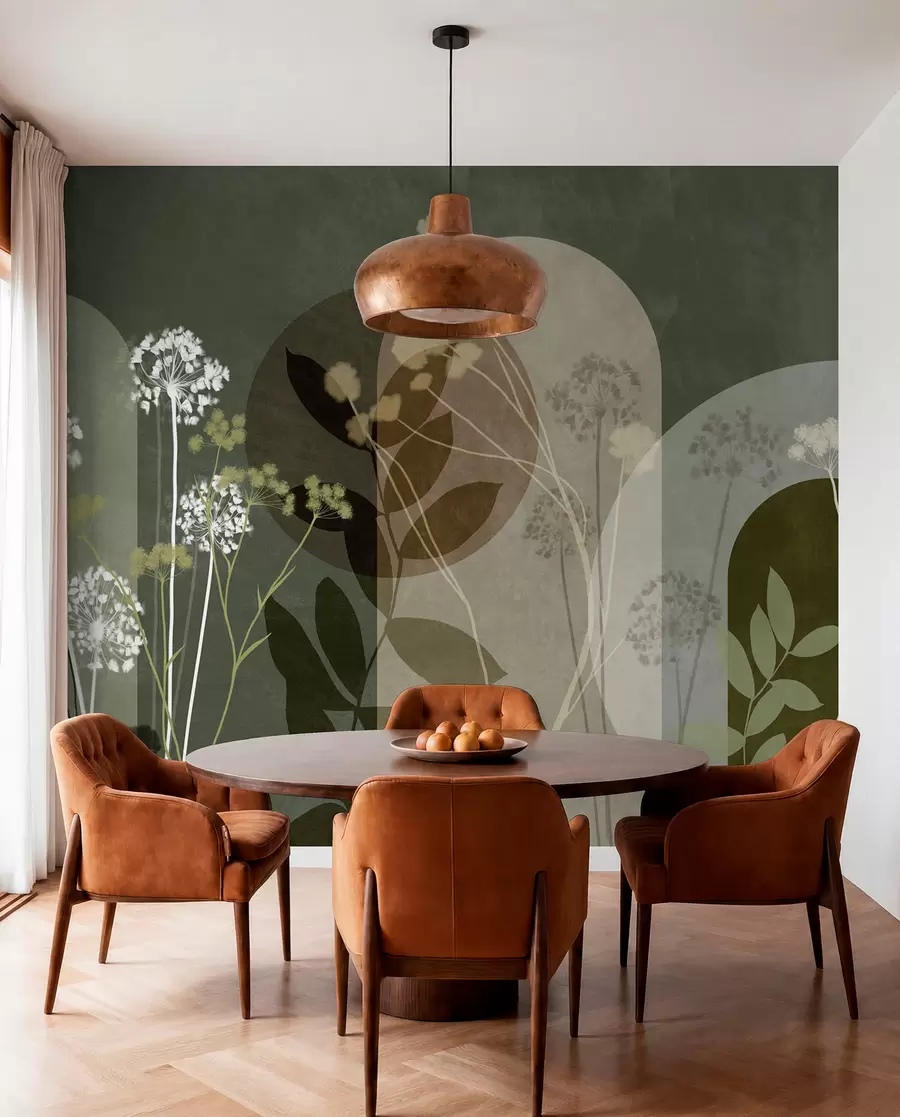 murais de parede Composição botânica e minimalista de flores e folhas secas com elementos geométricos abstratos w09906v2
