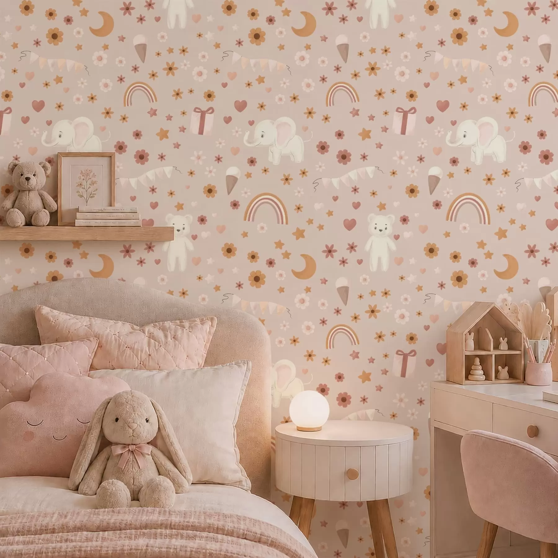 murais de parede Estampado infantil com elefante, arco-íris e flores a00433